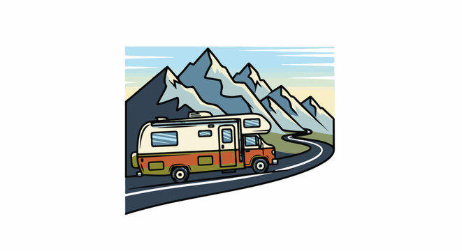 A cartoon RV travels a winding road through majestic mountains under a pastel sky