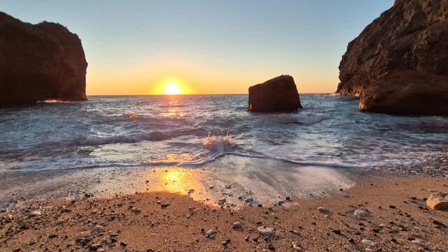 Sunset ocean beach waves tranquil golden light beautiful rocky shore idyllic coastline nature seascape