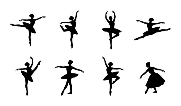 Ballerina silhouette vector set, elegant ballet dancer poses in black, 8 graceful female performers in tutu, classical dance theater icons