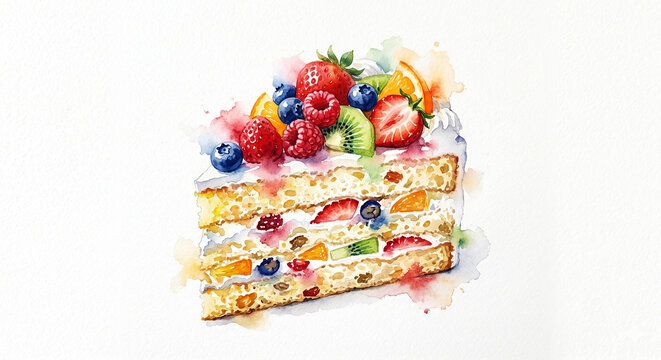 Watercolor mixed fruit cake slice illustration with berries and kiwi on white background