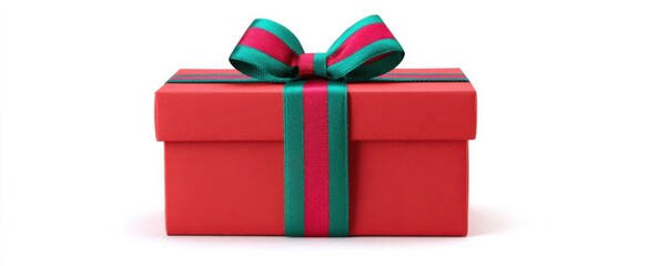 Fototapeta premium Vibrant red gift box adorned with cheerful ribbon isolated for promotional retail use on white background