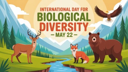 Naklejka premium International Day for Biological Diversity poster featuring a deer, fox, bear, and eagle in a scenic mountain landscape