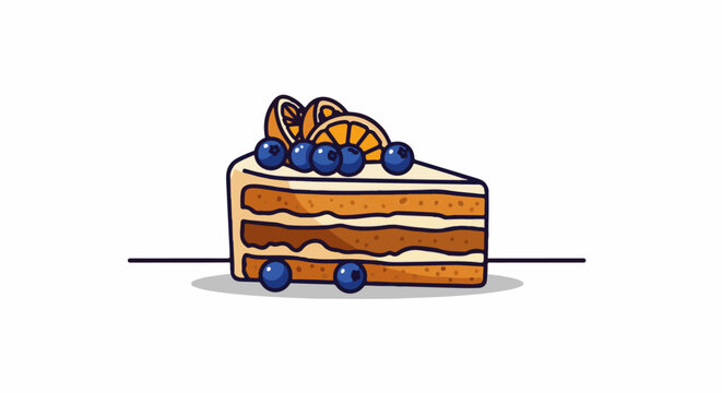 A cartoon slice of layered cake with blueberries and orange slices on top