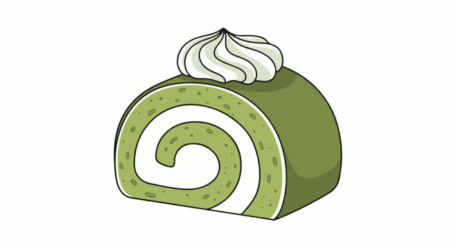 A cartoon slice of green tea roll cake with white cream swirls on top