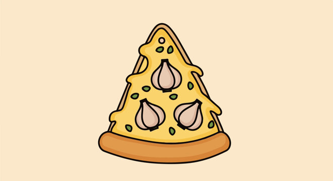 A cartoon slice of pizza with garlic and green pepper toppings on a beige background