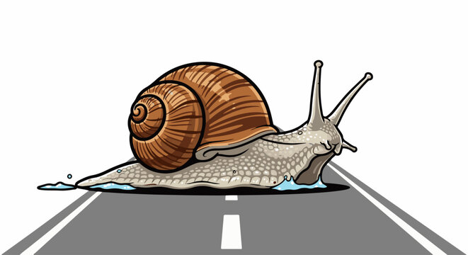 A cartoon snail with a coiled shell slowly moves across a grey road marked with white lines