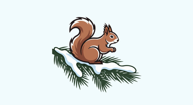 A cartoon squirrel sits on a snow-covered pine branch, its bushy tail curled over its back