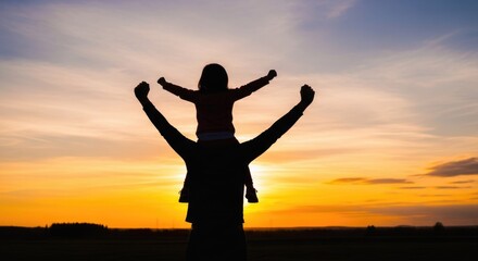 Fototapeta premium Celebrating father's day silhouette of father and child enjoying a sunset moment