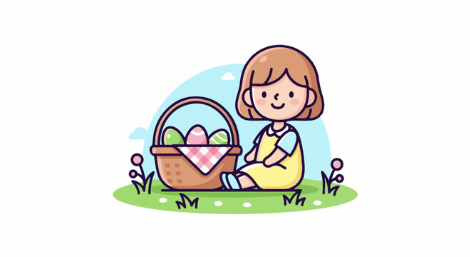 A cartoon girl sits in the grass with an Easter basket filled with colorful eggs