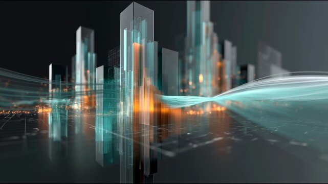 Abstract digital cityscape with flowing data waves in teal and orange
