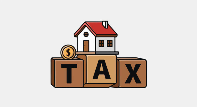 A cartoon house sits atop blocks spelling "TAX," with a coin nearby