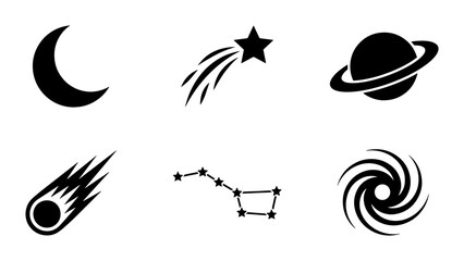 Minimalist space icon set with 6 black vector elements, celestial astronomy symbols including moon and planets, galaxy and star constellation graphics © Sohel