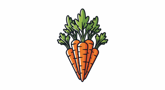 A bunch of five orange carrots with green leafy tops are arranged in a fan shape