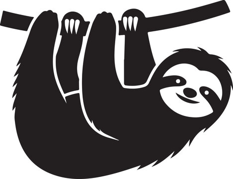 A playful sloth hanging upside down from a tree branch with its baby silhouette vector icon