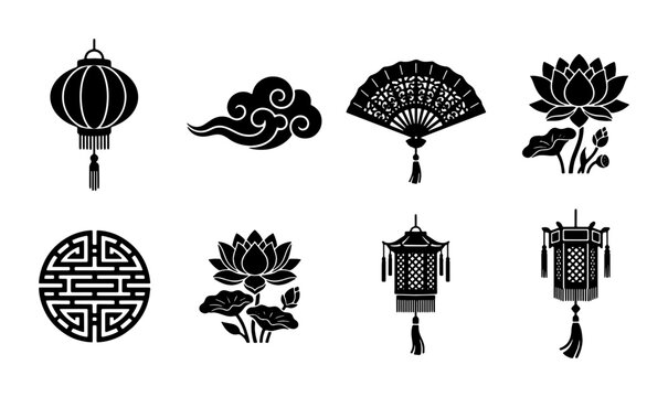 Traditional Chinese cultural icons set, black silhouette oriental lanterns and lotus flowers, 8 decorative asian vector elements for lunar new year
