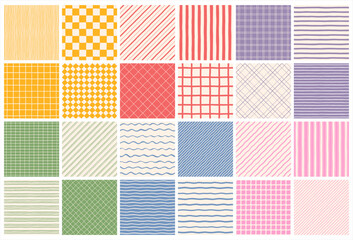 Naklejka na ściany i meble Hand drawn geometric striped grid checkered seamless regular patterns big set. Doodle uneven artistic lines, diagonal wavy pinstripes stripes bars streaks waves. Check chess plaid square backgrounds