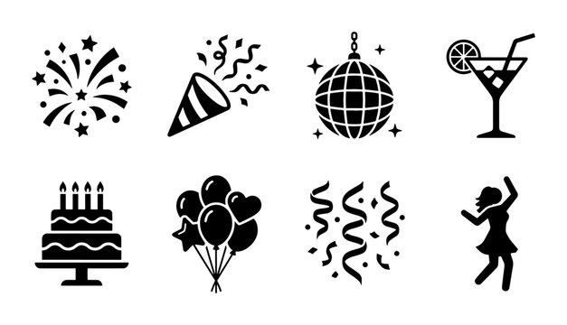 Party and celebration icon set, black solid party symbols including disco ball and fireworks, 8 birthday event vector icons for nightlife and festivals