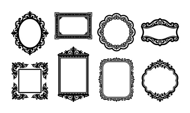 Vintage ornate frames collection, set of 8 black decorative borders, elegant baroque mirror frames, victorian filigree vector elements for invitations