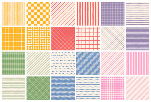 Hand drawn geometric striped grid checkered seamless regular patterns big set. Doodle uneven artistic lines, diagonal wavy pinstripes stripes bars streaks waves. Check chess plaid square backgrounds