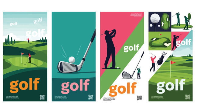Set of golf posters with different scenes, professional golf players, golf clubs and balls, vector illustration