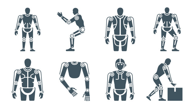 Power exoskeleton and lifting assist icons - Suitable for ergonomics studies, manufacturing tech reports, or future of work infographics.