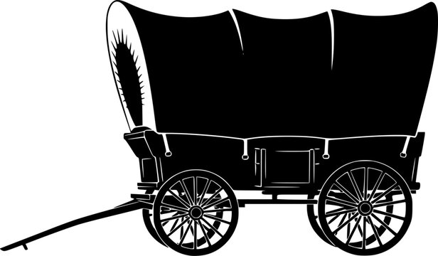 Black silhouette of a covered wagon isolated on white background
