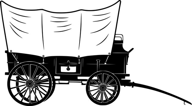 Black silhouette of a covered wagon isolated on white background
