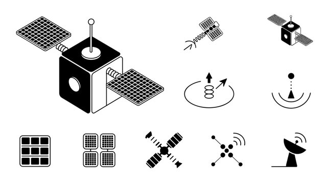 Technical CubeSat and satellite deployment icons - Ideal for aerospace engineering documents, satellite startup branding, or space tech UI.