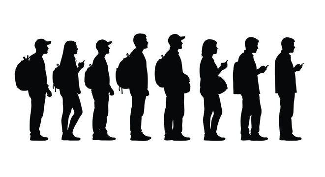 Diverse group of people in silhouette illustration standing in a queue holding mobile phones and backpacks.