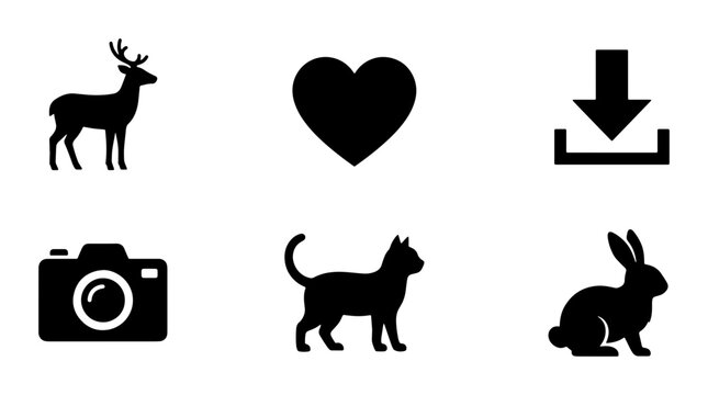 Minimalist black silhouette icons set, collection of 6 vector symbols including deer, cat, rabbit, camera, heart, and download arrow for web design