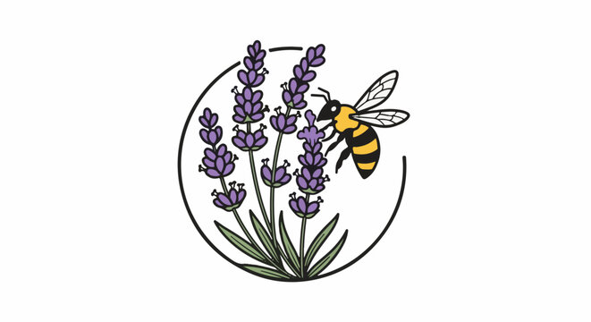 A cartoon bee hovers near lavender sprigs within a circular outline