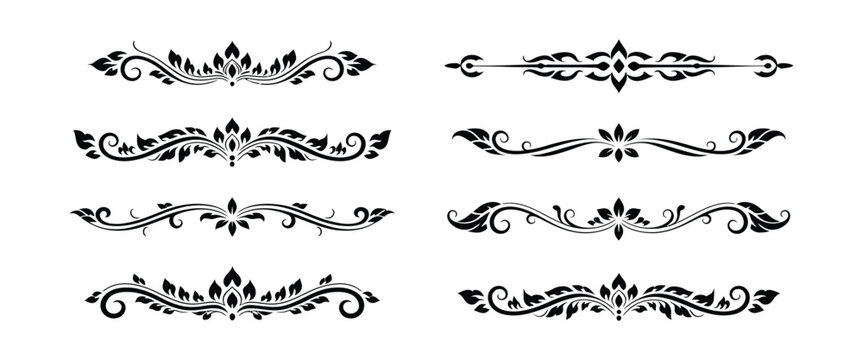 Thai Decorative Borders and Dividers Vector Set, Traditional Kanok Art Line Ornaments Collection with Elegant Floral Curves, Classic Asian Pattern Elements for Frames, Invitations, and Graphic Design