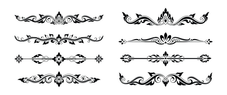 Thai Decorative Borders and Dividers Vector Set, Traditional Kanok Art Line Ornaments Collection with Elegant Floral Curves, Classic Asian Pattern Elements for Frames, Invitations, and Graphic Design