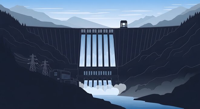 Hydroelectric dam vector illustration in mountain valley landscape