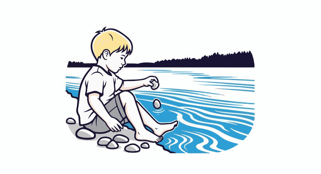 A boy sits by a lake, skipping stones near a dark tree line