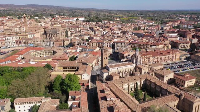  Aerial photo of Tarazona with view of residential buildings with tiled rooftops. Aragon, Spain.