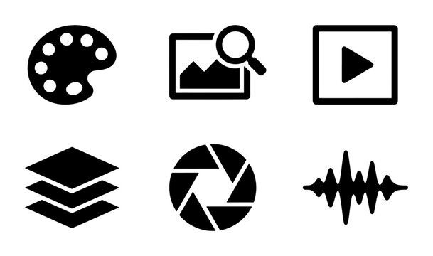 Minimalist multimedia icons set, black solid vector symbols for creative design, professional photography and video editing interface elements