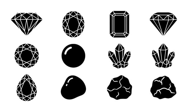 Black diamond and gemstone icons set, 12 vector jewelry elements, faceted crystal and mineral stone silhouettes for luxury branding