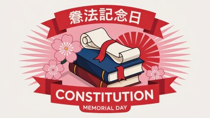 Constitution Memorial Day illustration with Japanese text, law books, scroll, and cherry blossoms