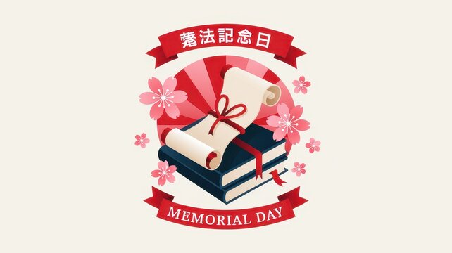 Japanese Constitution Memorial Day graphic with law books, scroll, and cherry blossoms on cream background