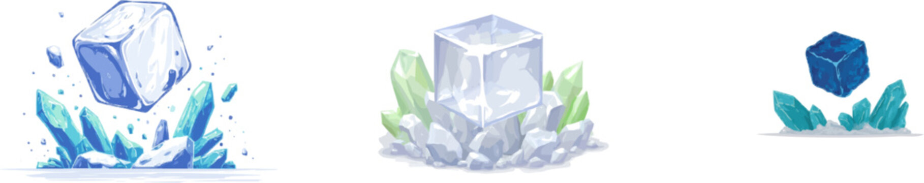 A mesmerizing flat vector illustration of a levitating magic cube surrounded by crystal shards, rendered in teal and white with a minimalist, clean geometric art style