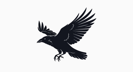 Fototapeta premium A black silhouette of a raven with wings spread, captured mid-flight against a white background