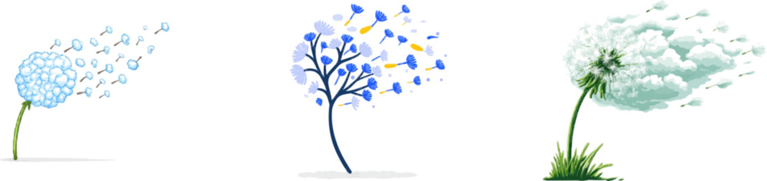 A whimsical dandelion illustration features a fluffy cloud of seeds gently floating in the wind against a minimalist, clean design backdrop