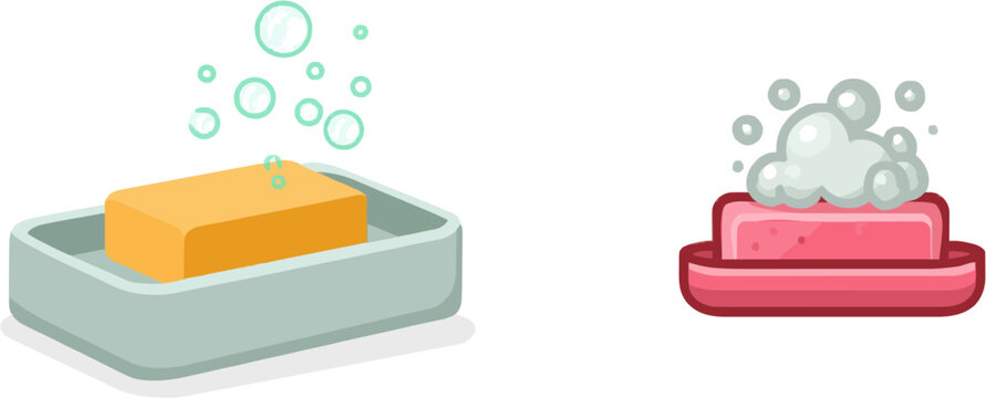A minimalist flat vector illustration depicts a ceramic soap dish with an orange bar of soap and several bubbles rising from it, set against a muted pink and white background