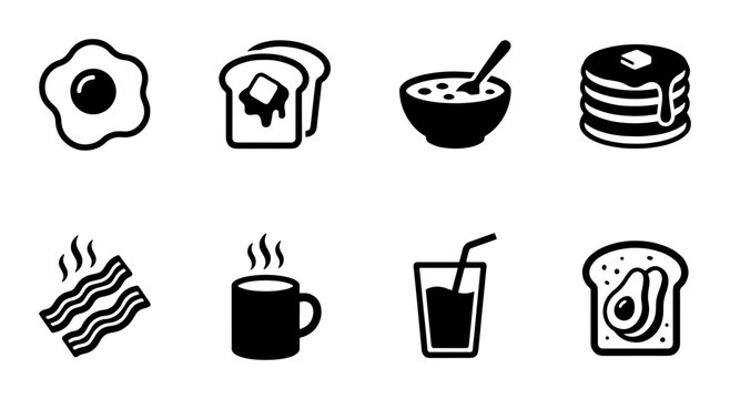 Minimalist breakfast food icon set, black solid vector symbols of morning meal items, 8 flat icons for restaurant menus and cafe branding