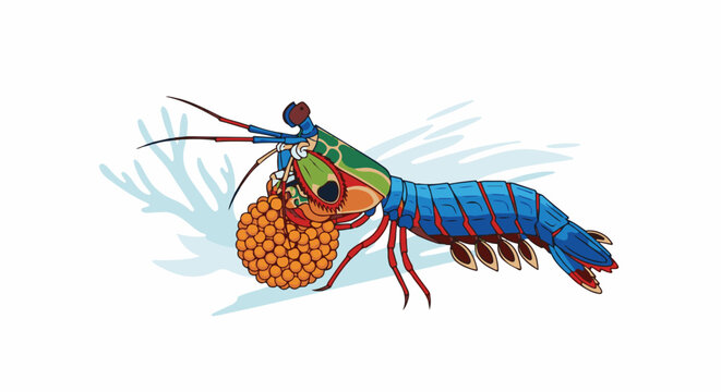 Vibrant mantis shrimp carries a cluster of orange eggs, with coral in background