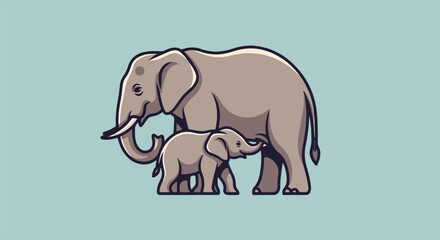 Obraz premium Two stylized elephants, one large, one small, walk side-by-side