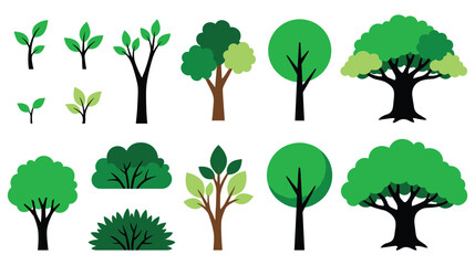 Fototapeta premium Diverse green tree and bush flat vector icons for environment design.