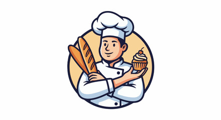Fototapeta premium A cheerful baker in a chef's hat and coat holds bread and a cupcake