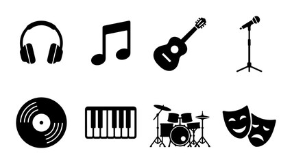 Minimalist music icons set, black musical instrument silhouettes, 8 vector symbols for theater and entertainment, flat audio equipment graphics © Rukhsana